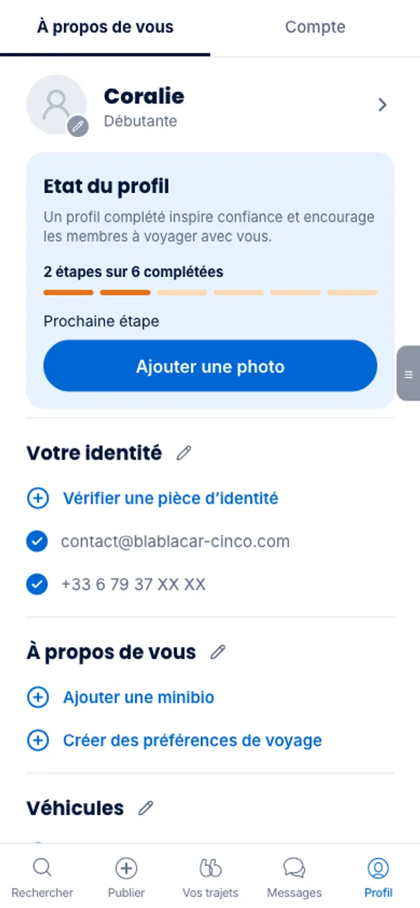 Écran profil du prototype : une jauge « 2 étapes sur 6 » et une seule prochaine étape, « Ajouter une photo ».